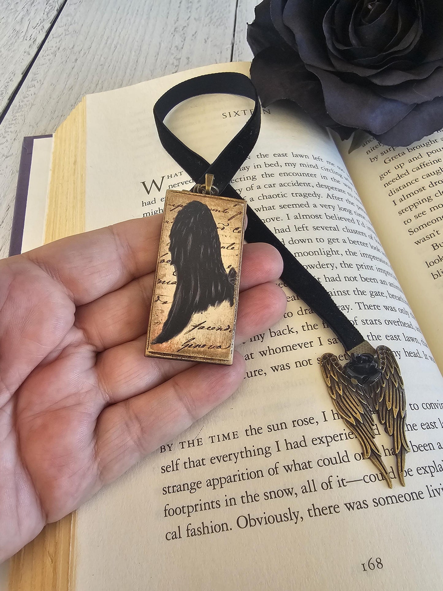 Gothic Bookmark, Angel Wing Bookmarker, Velvet Ribbon Bookmark, Reader Gift