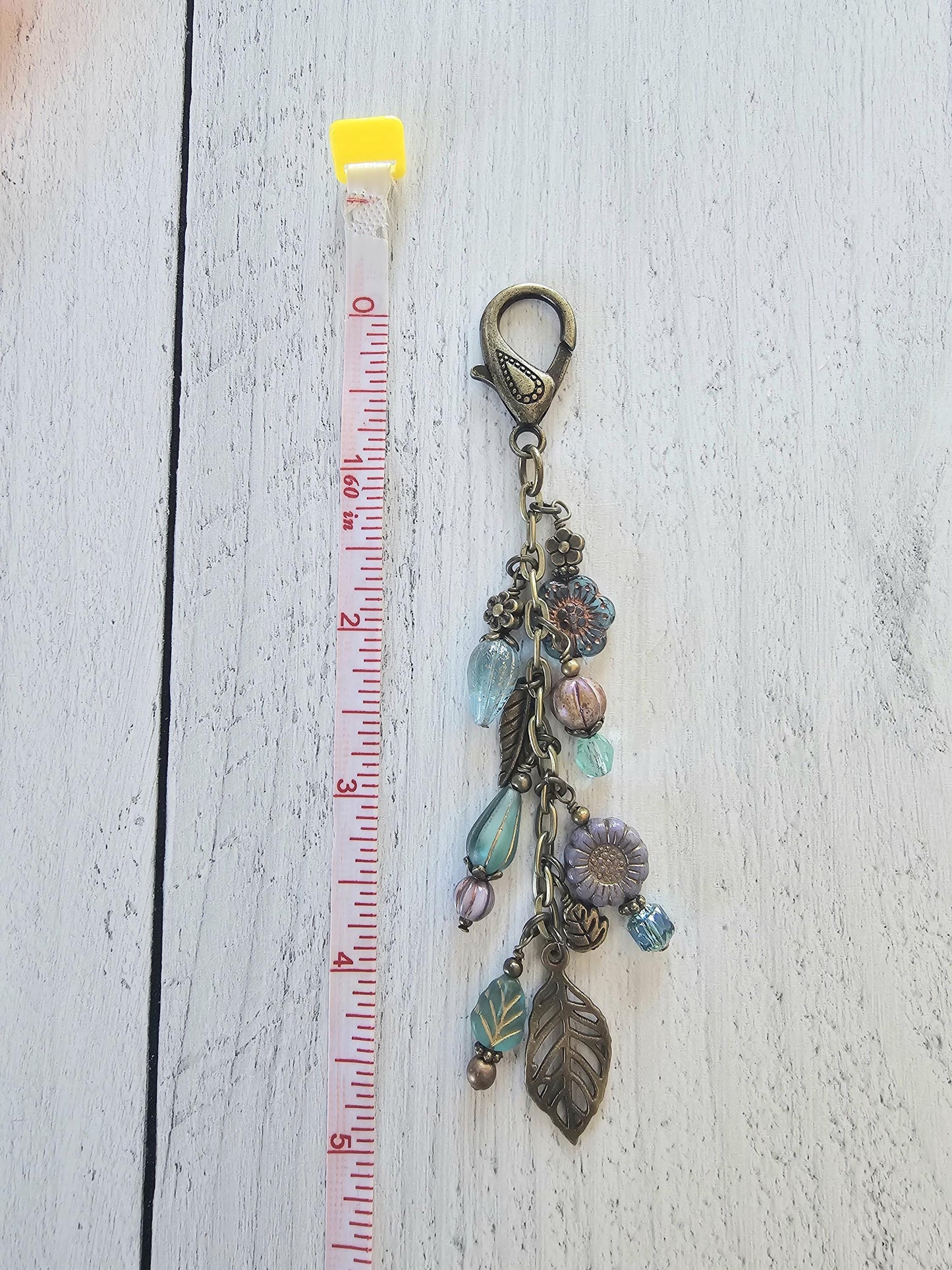 Boho Style Beaded Bag Charm Zipper Pull With Nature Theme, Flowers, Leaves