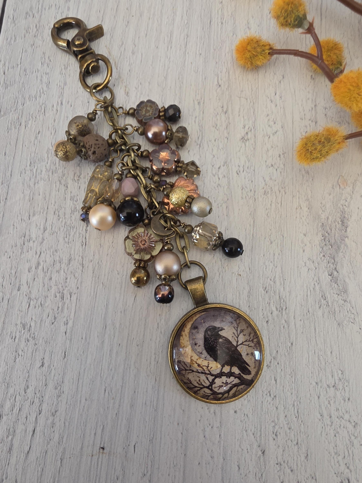 Crescent Moon And Raven Bag Bling, Beaded Purse Charm
