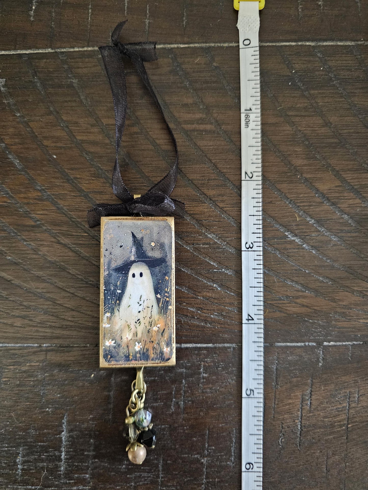 Whimsical Witch Ghost in Wild Flower Field Ornament, Halloween Fall Decor