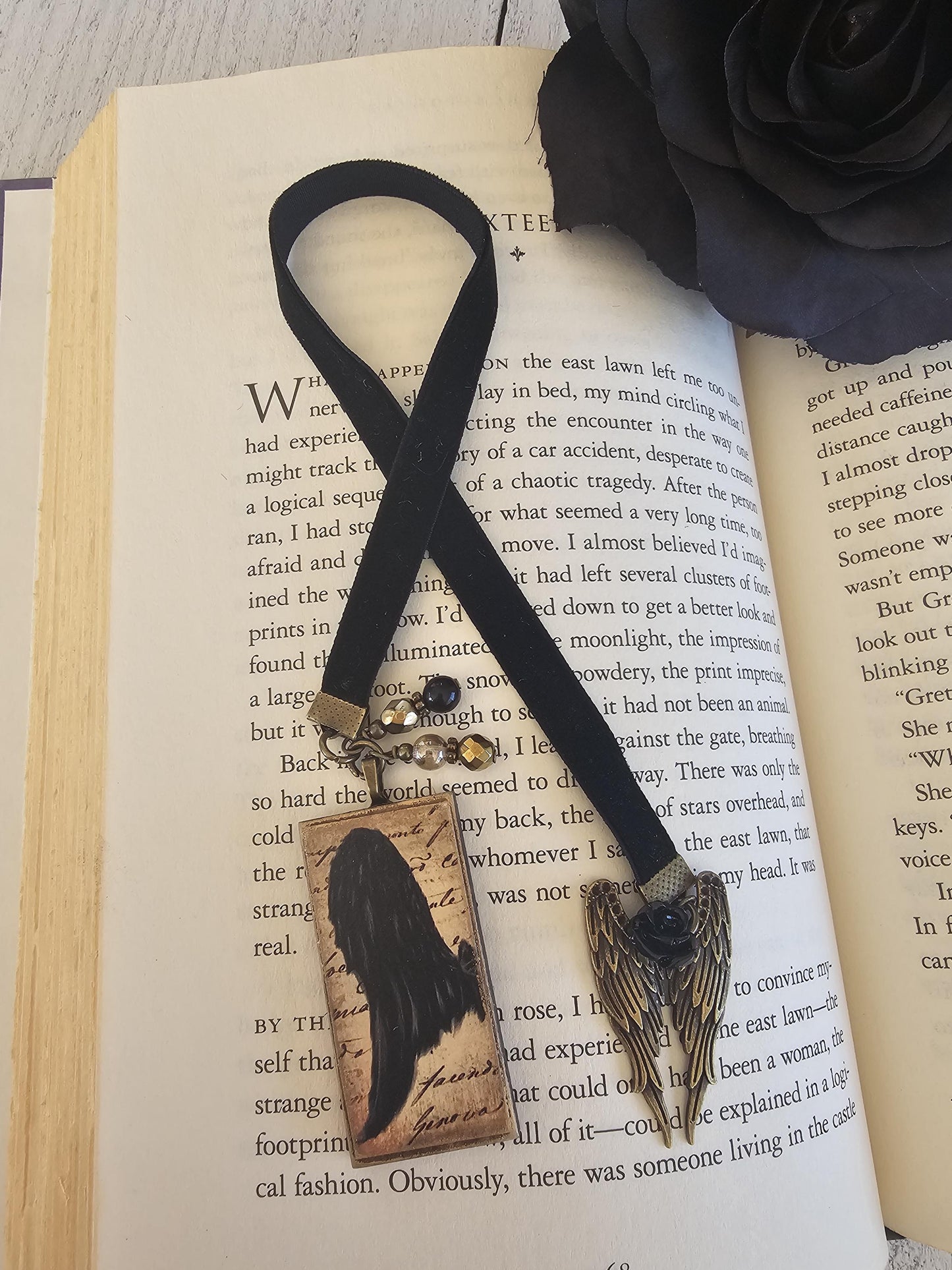 Gothic Bookmark, Angel Wing Bookmarker, Velvet Ribbon Bookmark, Reader Gift