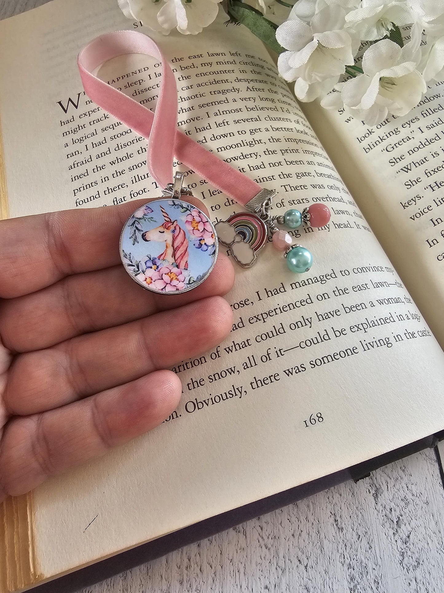 Unicorn Bookmark, Fantasy Velvet Ribbon Bookmarker, Bookworm Gift
