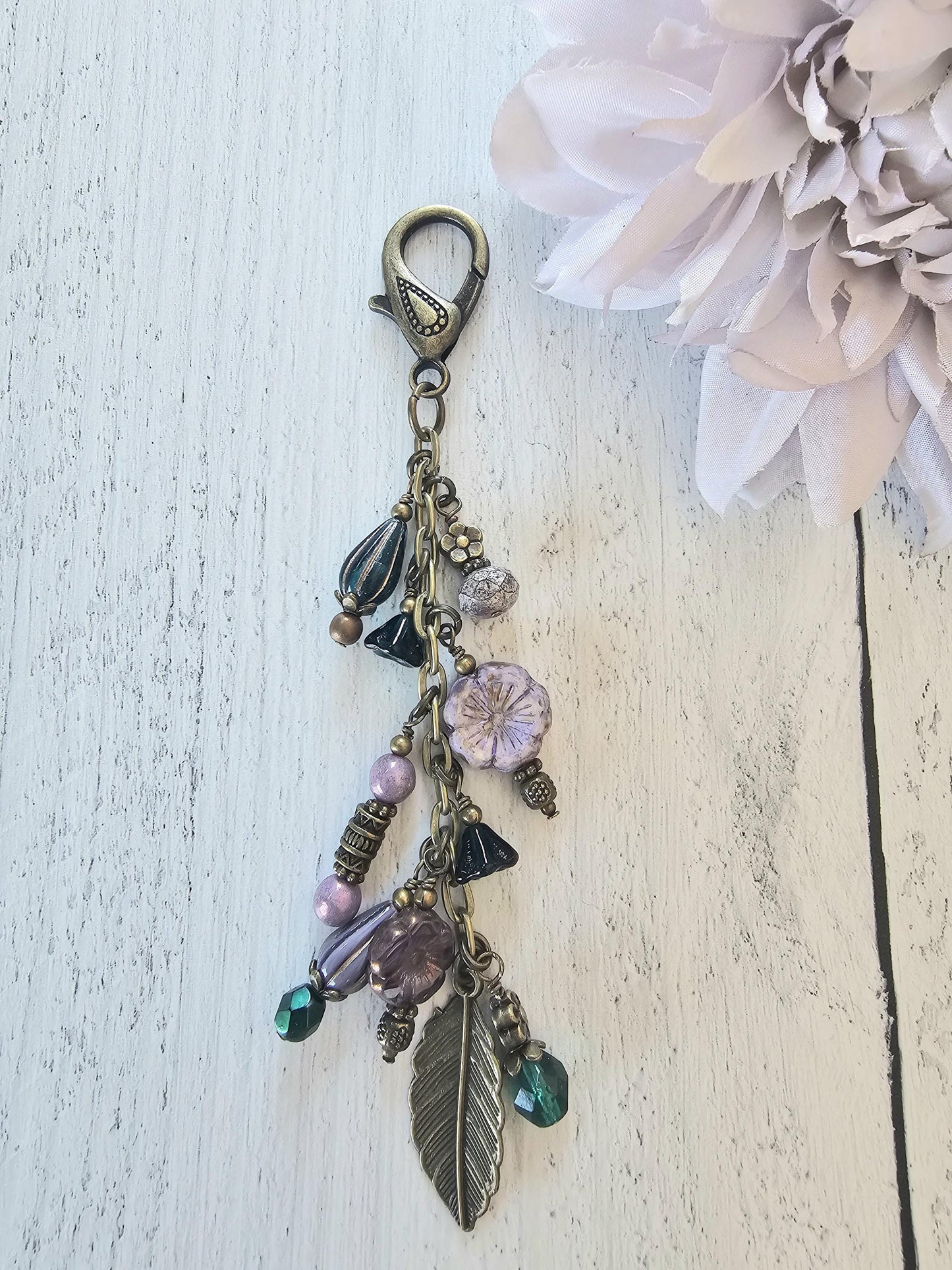 Boho Style Beaded Bag Charm Zipper Pull With Nature Theme, Flowers, Leaves