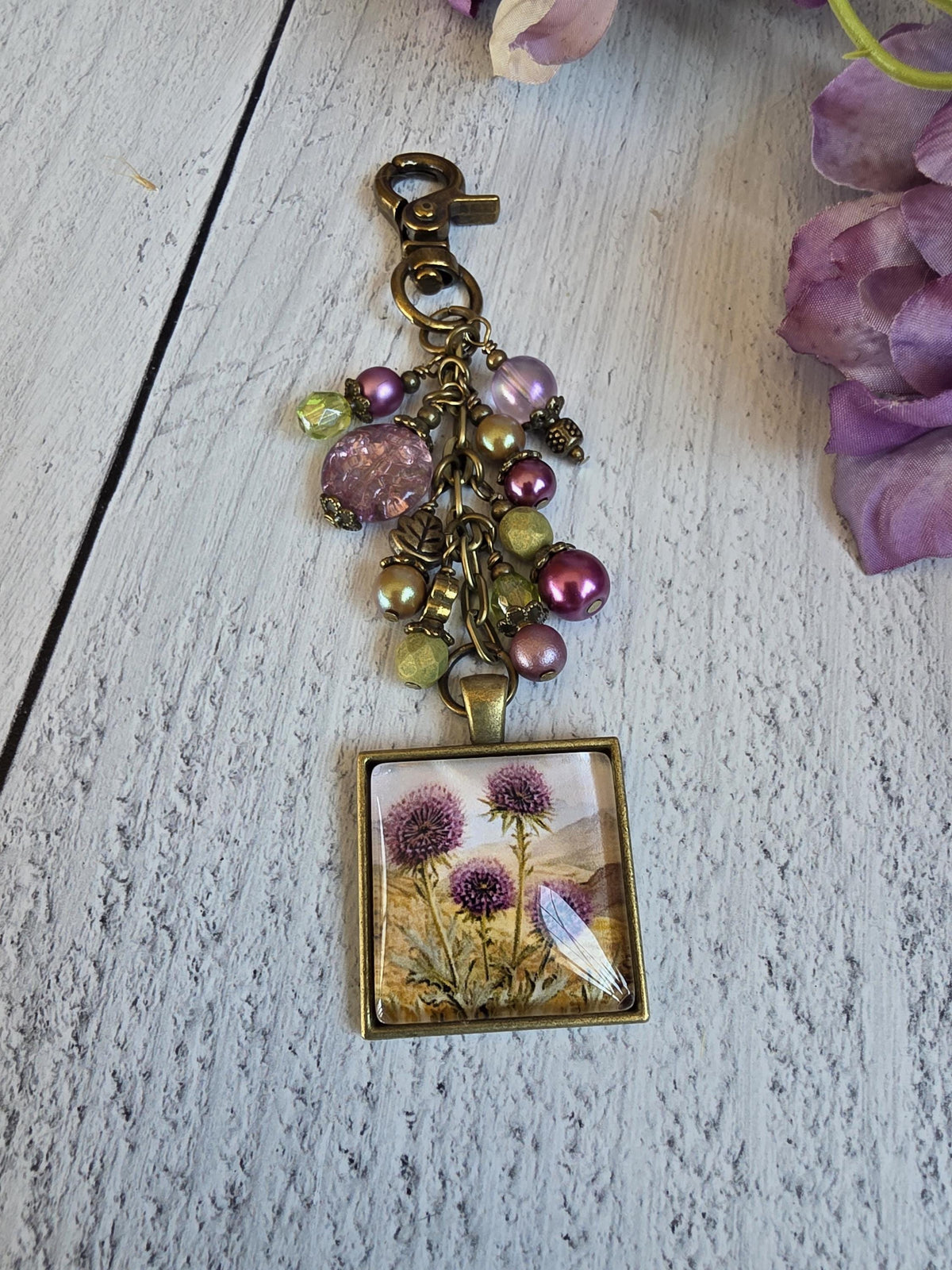 Beaded Bag Charm With Thistle Theme, Purse Flair