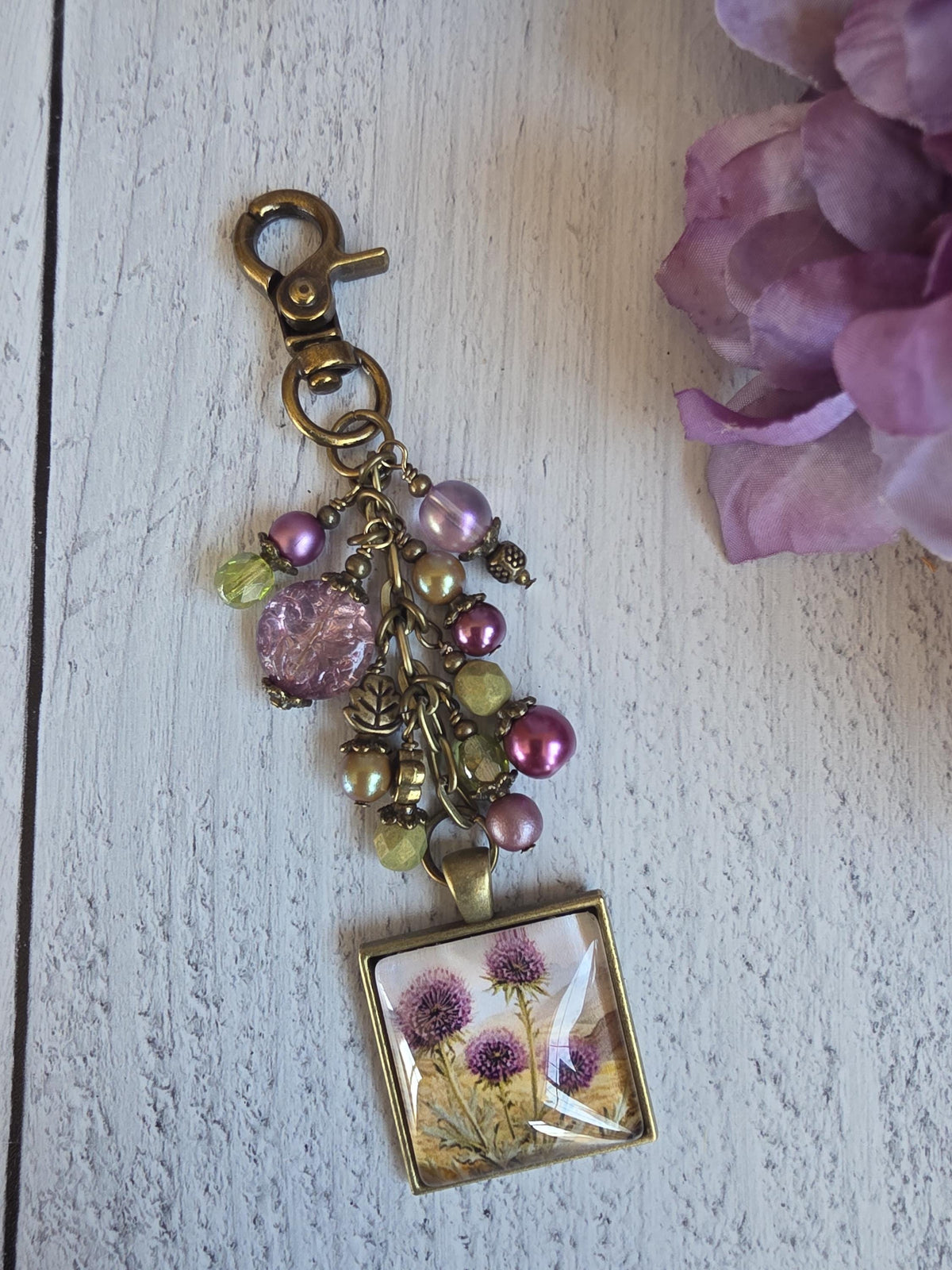Beaded Bag Charm With Thistle Theme, Purse Flair