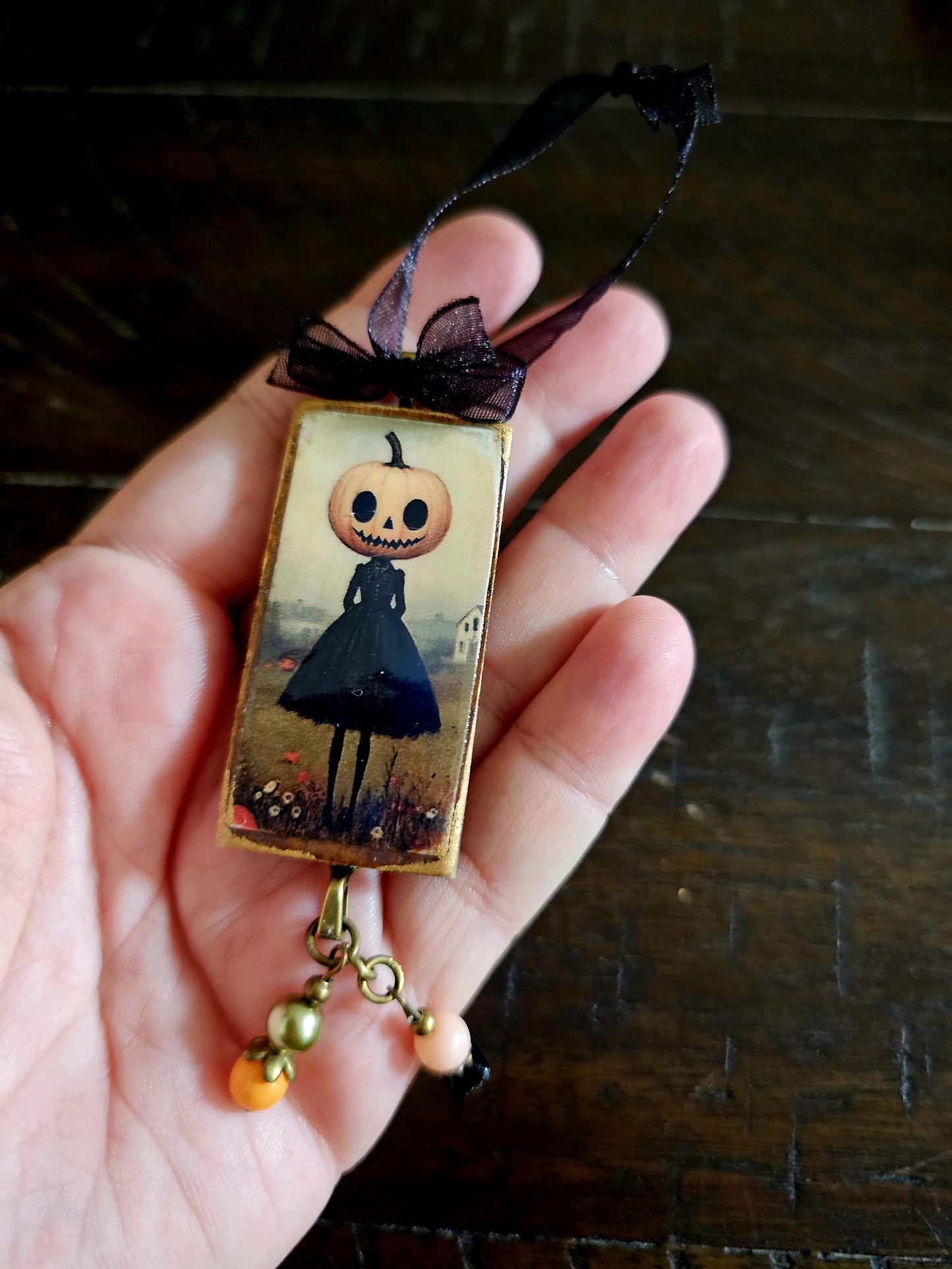 Whimsical Halloween Ornament, Pumpkin Head Girl