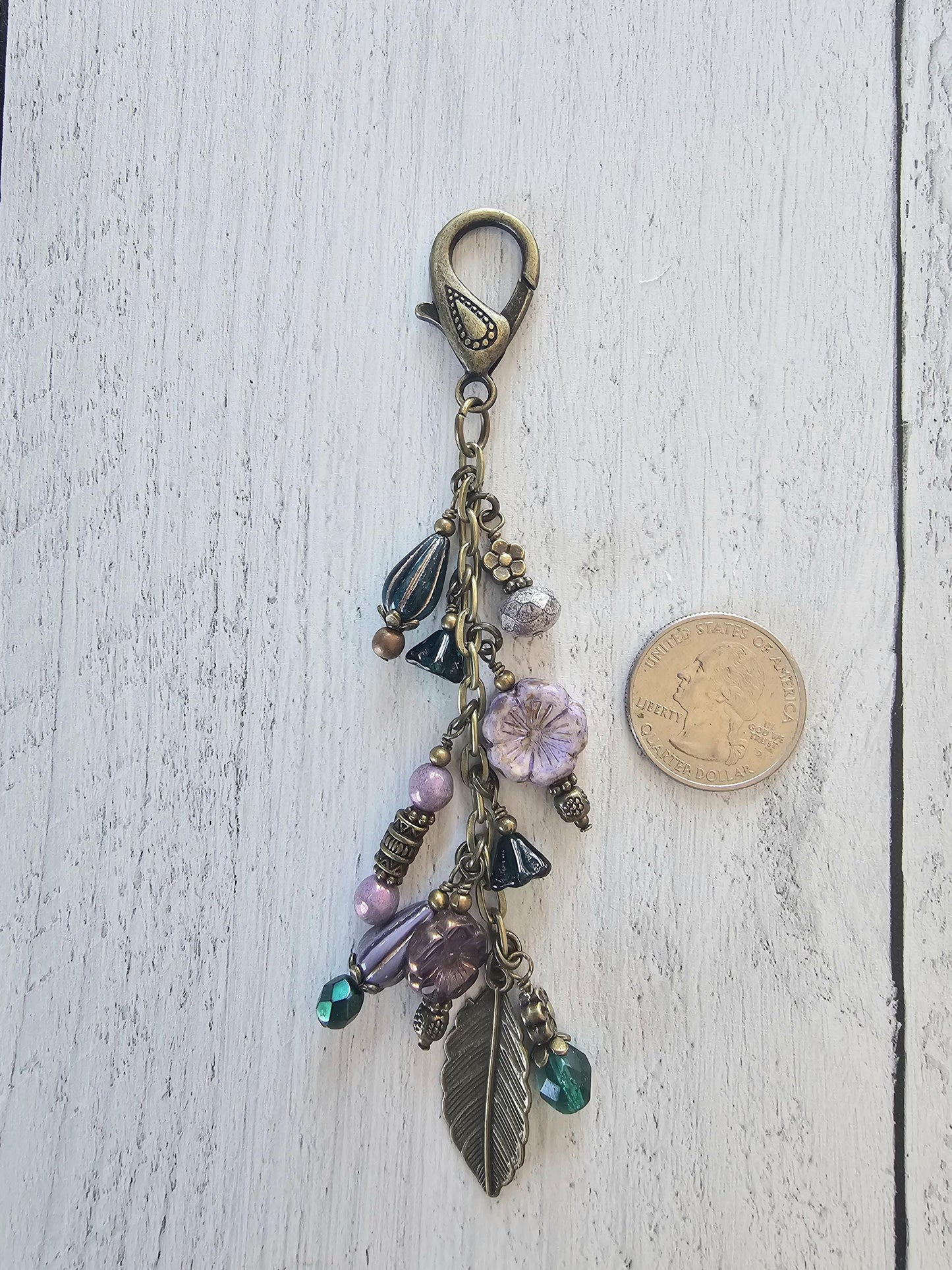 Boho Style Beaded Bag Charm Zipper Pull With Nature Theme, Flowers, Leaves
