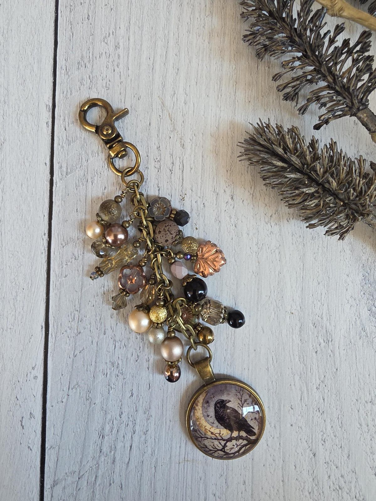 Crescent Moon And Raven Bag Bling, Beaded Purse Charm