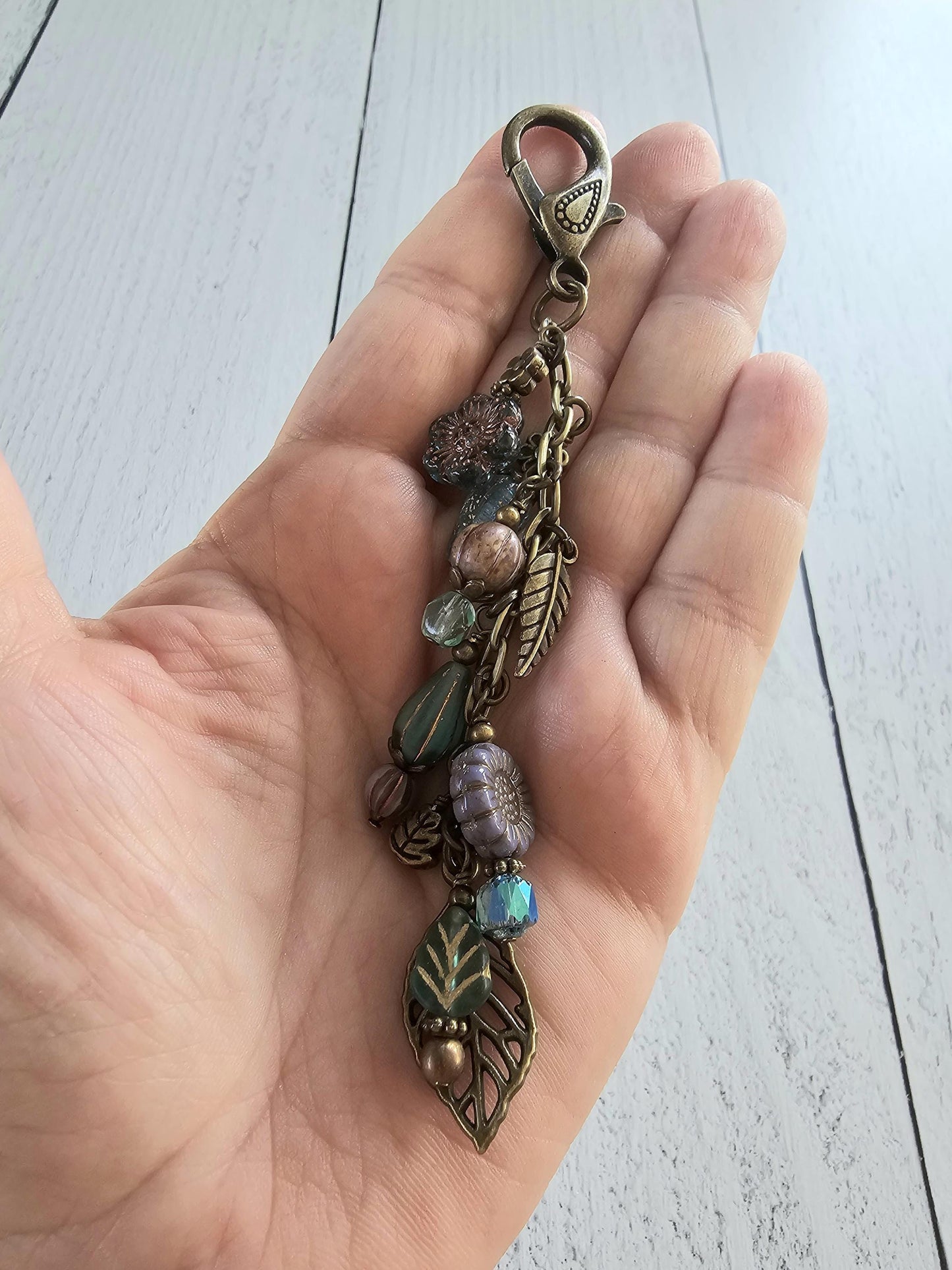 Boho Style Beaded Bag Charm Zipper Pull With Nature Theme, Flowers, Leaves