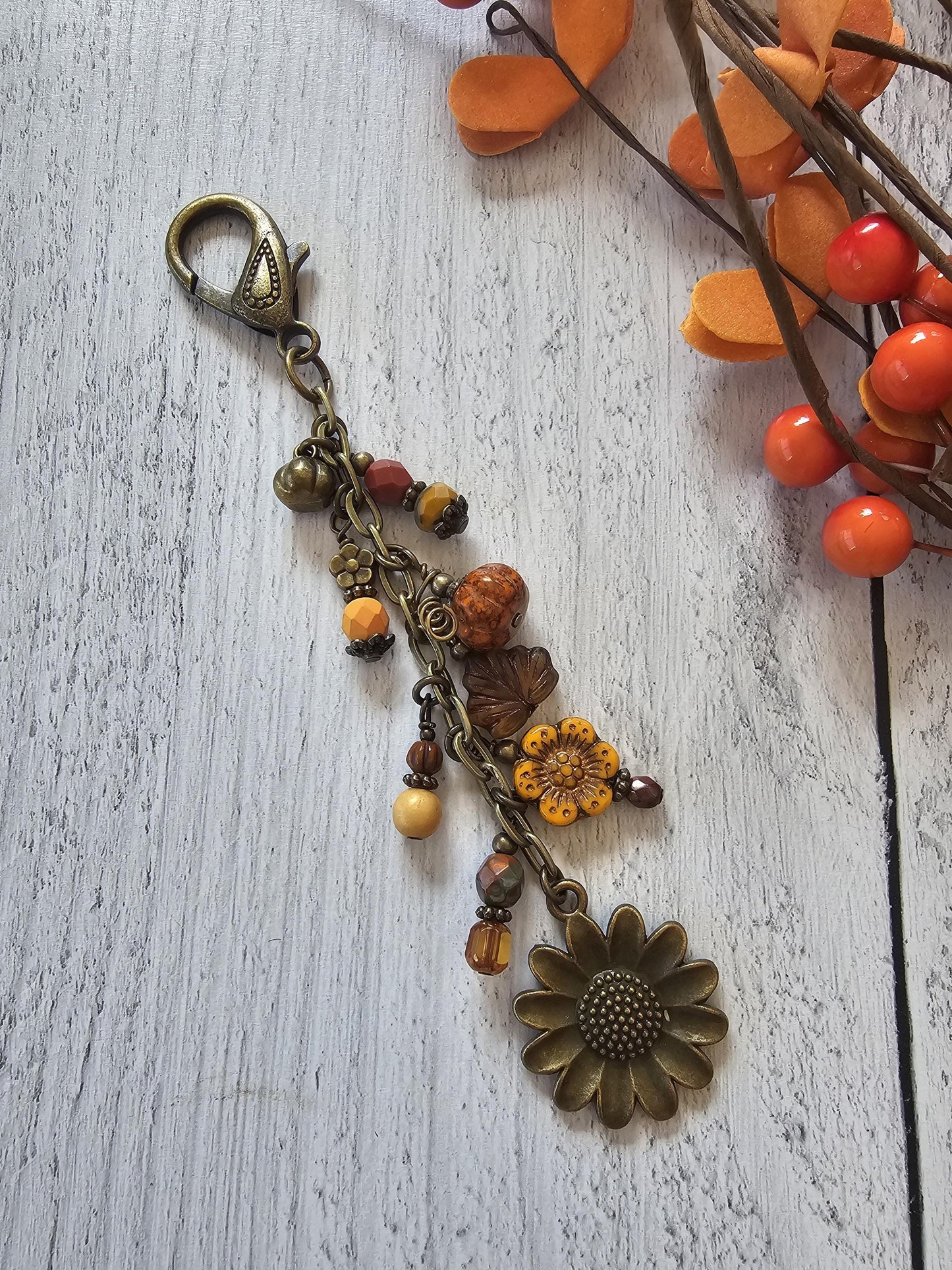 Boho Style Pumpkin Beaded Bag Charm Zipper Pull With Bronze Plated Sunflower Charm, Perfect for Fall!
