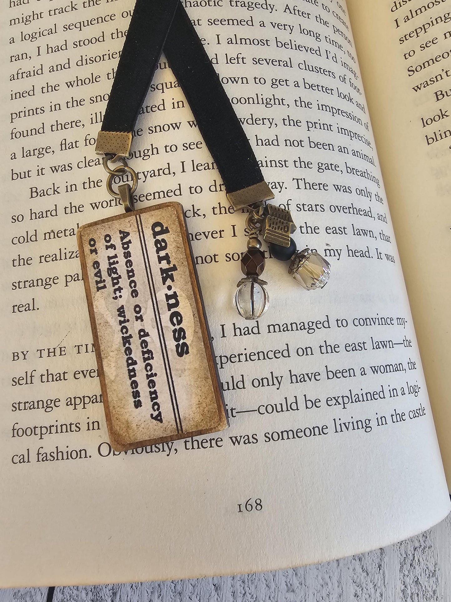 Dark Gothic Velvet Ribbon Bookmark with Pendant featuring Gothic Definitions Death, Decay, Omen, Morbid, Hex, Darkness, Unique Literary Gift