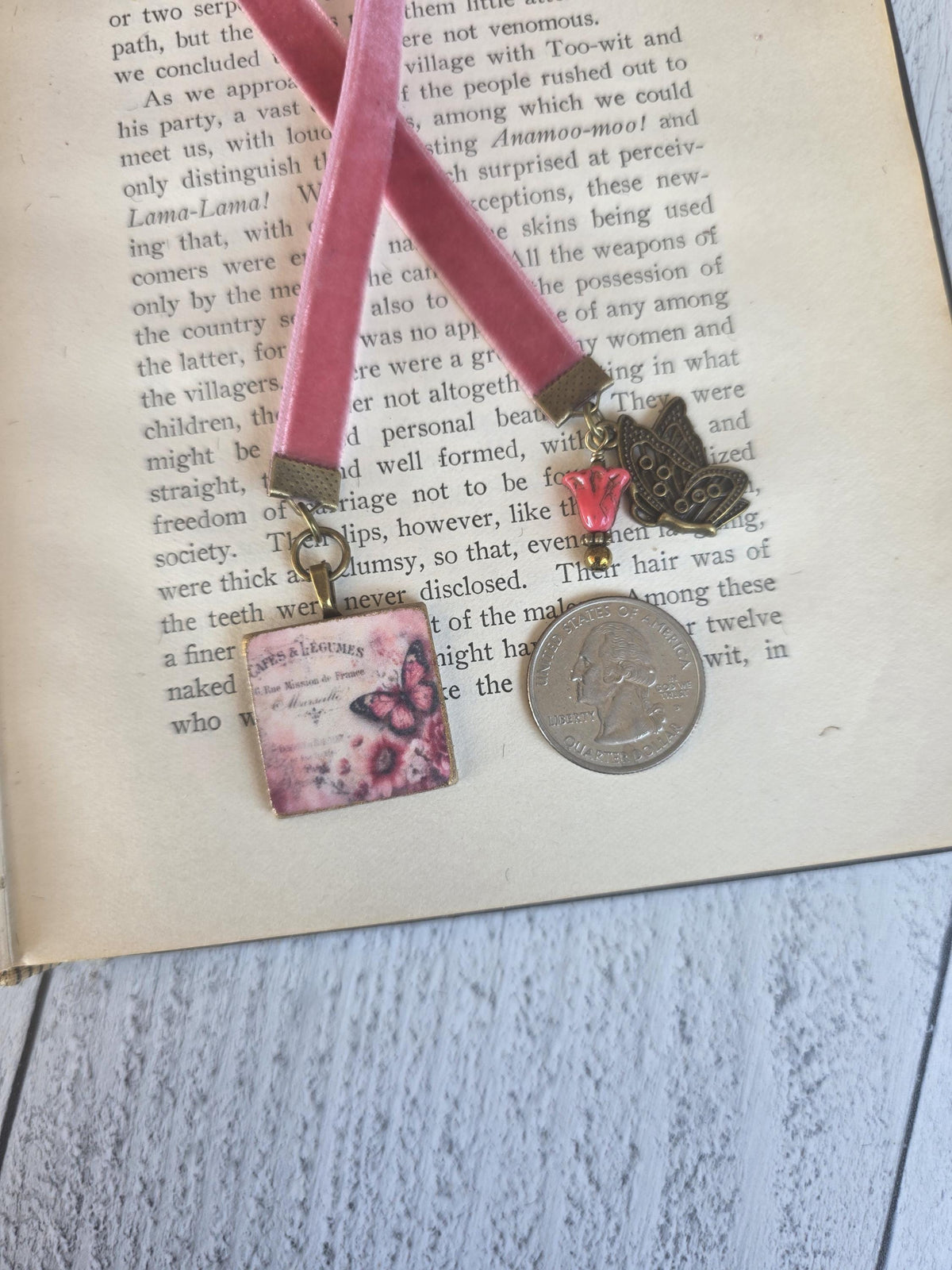 Bookmark With Handmade Butterfly Pendant and Velvet Ribbon
