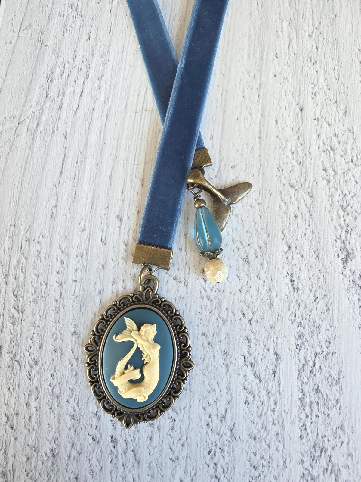 Teal Mermaid Cameo and Velvet Ribbon Bookmark, Choose Your Length