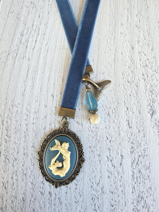 Teal Mermaid Cameo and Velvet Ribbon Bookmark, Choose Your Length