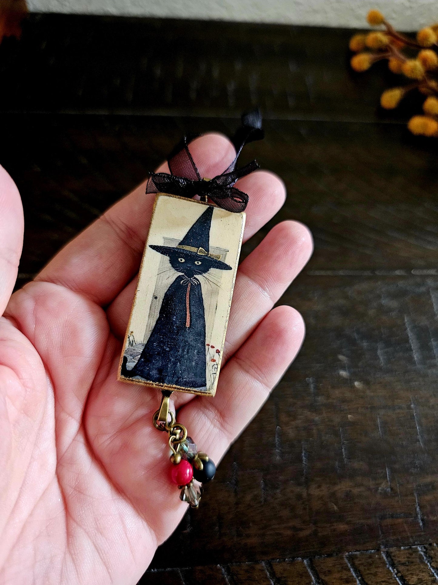 Witch Cat Whimsical Ornament, Halloween Decor