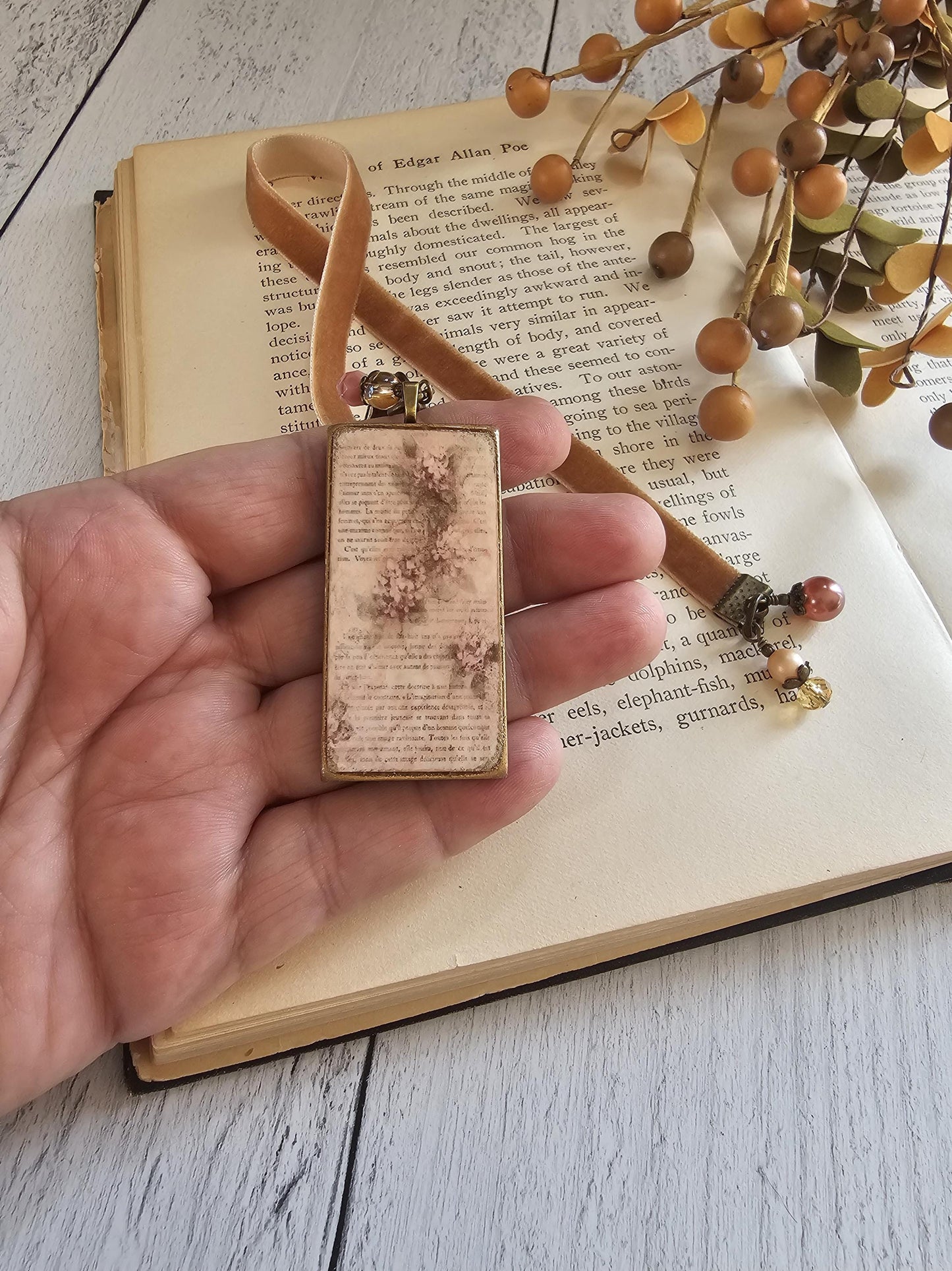 Velvet Ribbon Bookmark, Floral Picture Pendant Bookmarker, Reader Gift, Flower Book Lover Gift, Mother Gift