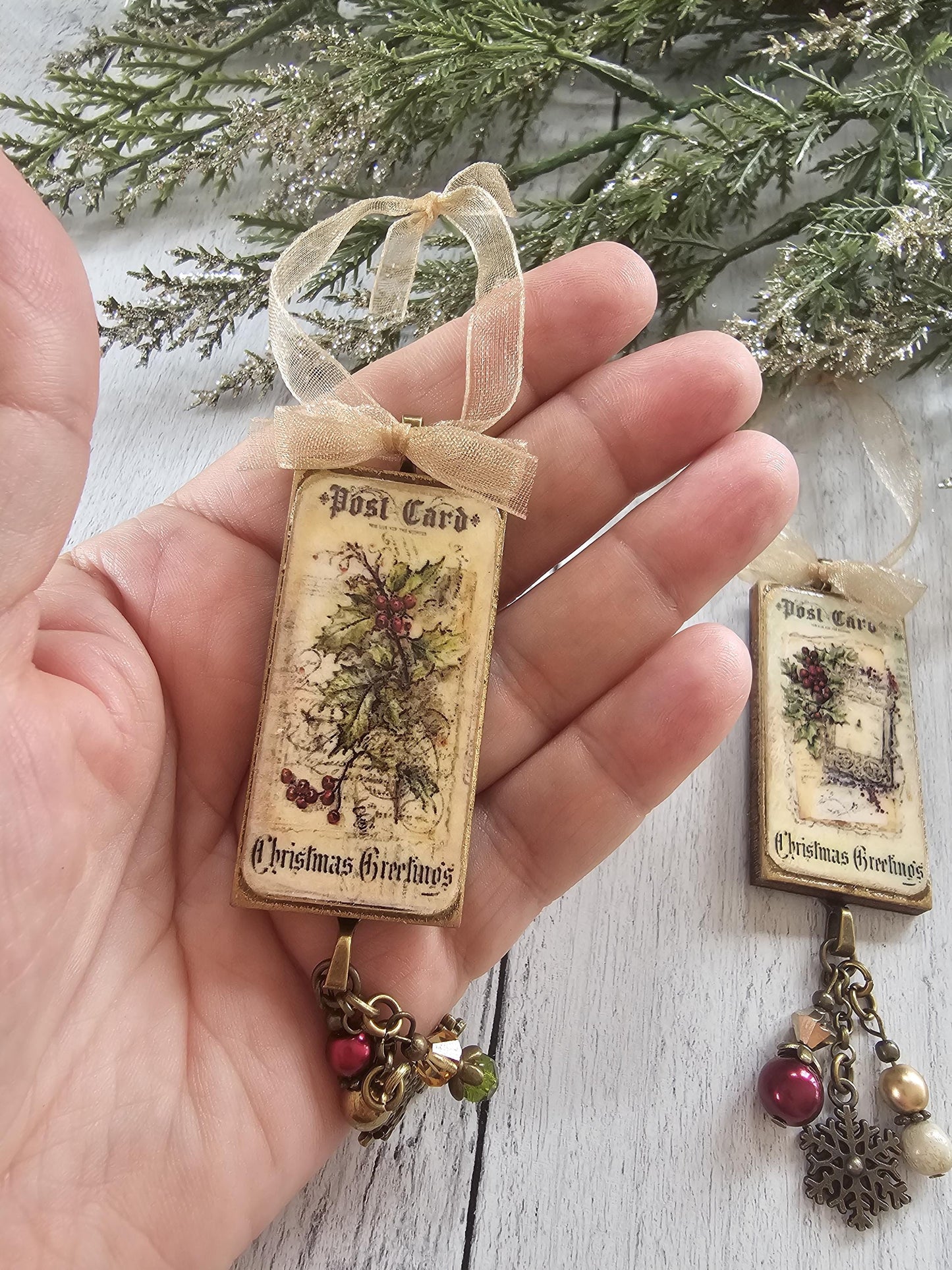 Handmade Christmas Ornaments in Vintage Shabby Style With Beaded Accents, Choose One or All Three