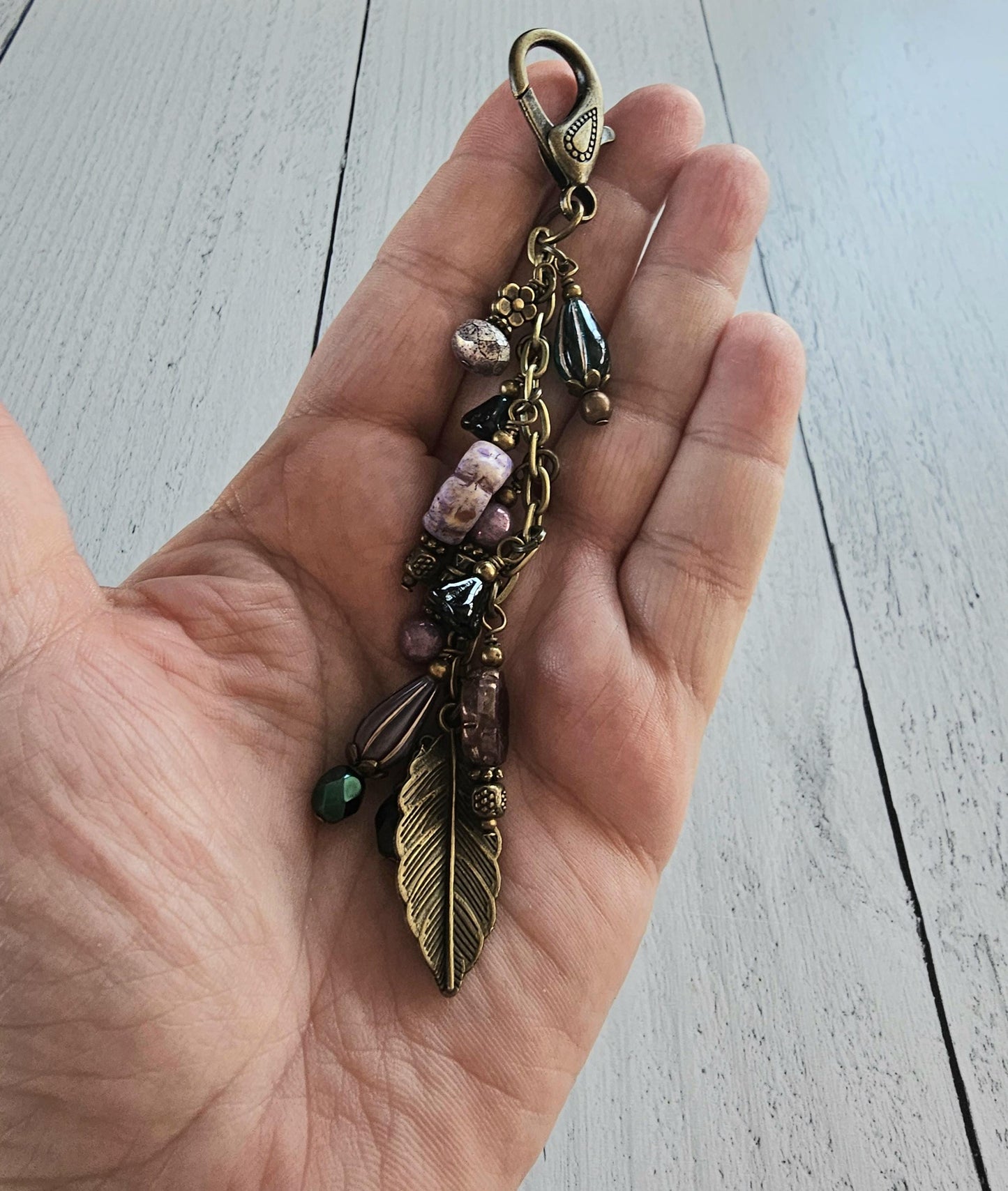 Boho Style Beaded Bag Charm Zipper Pull With Nature Theme, Flowers, Leaves