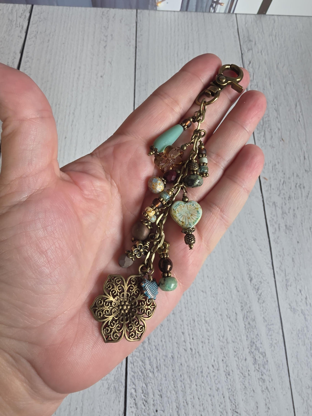 Boho Beaded Bag Charm, Hearts and Flowers in Blue and Brown