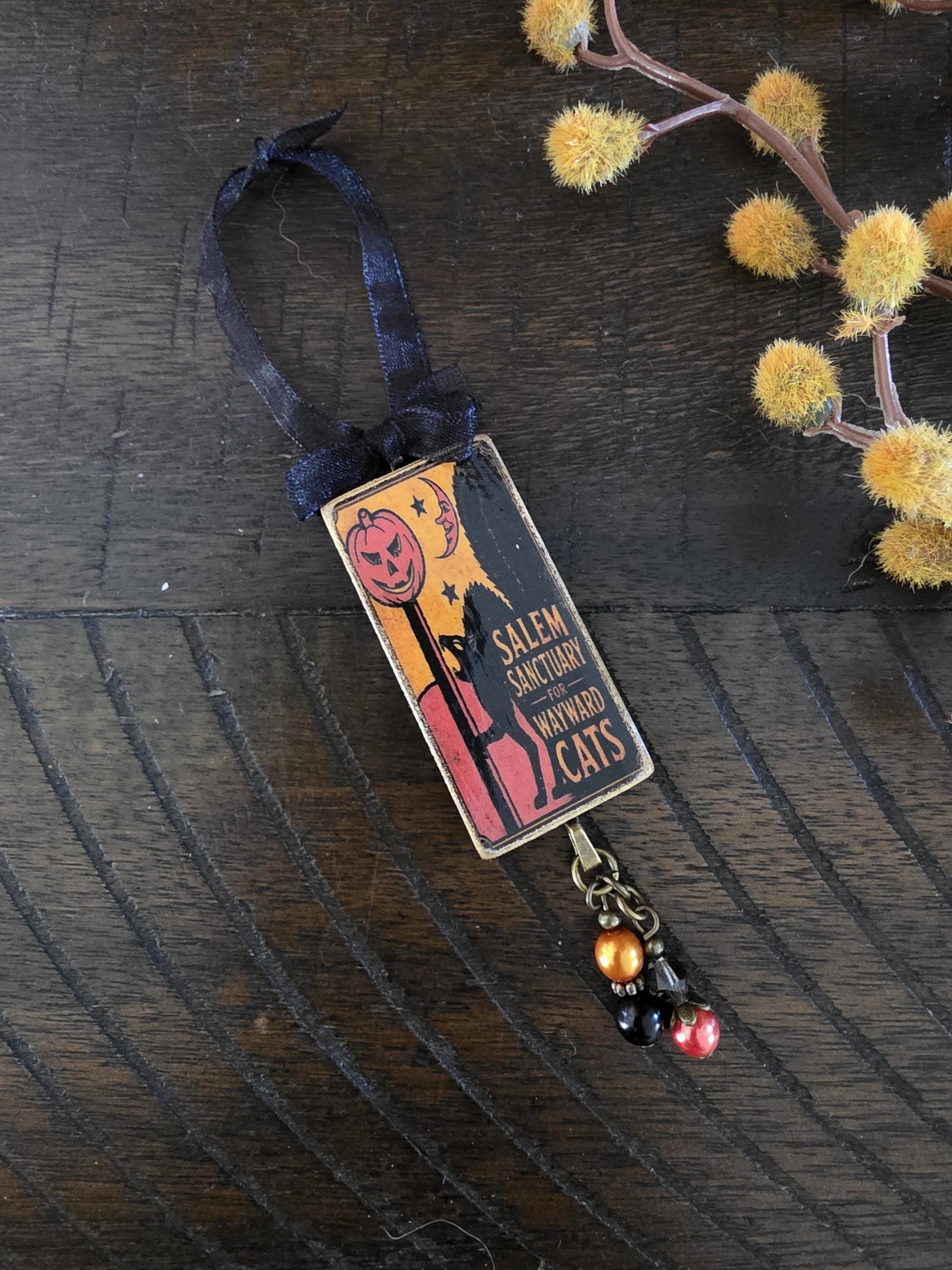A Halloween-themed ornament with a pumpkin and a cat design, hanging from a ribbon and featuring the text "Salem Sanctuary Wayward Cats".