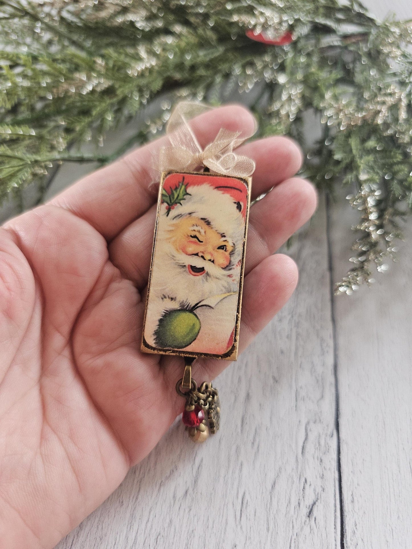 Handmade Holiday Ornament With Vintage Jolly Santa Claus 2