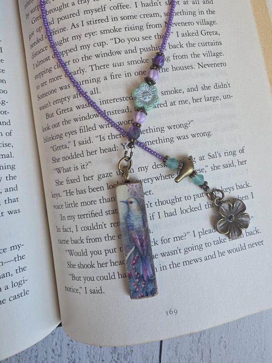 Whimsical Bird Theme Beaded Bookmark With Handmade Pendant