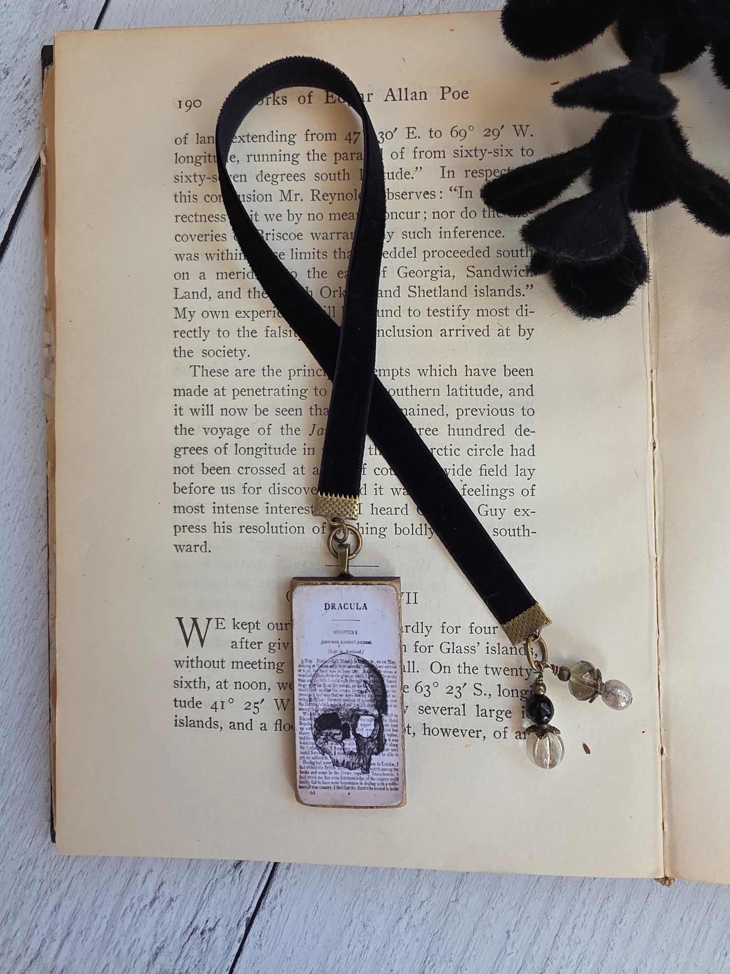 An open book with a black bookmark attached to it, featuring a small illustration of a skull and crossbones.