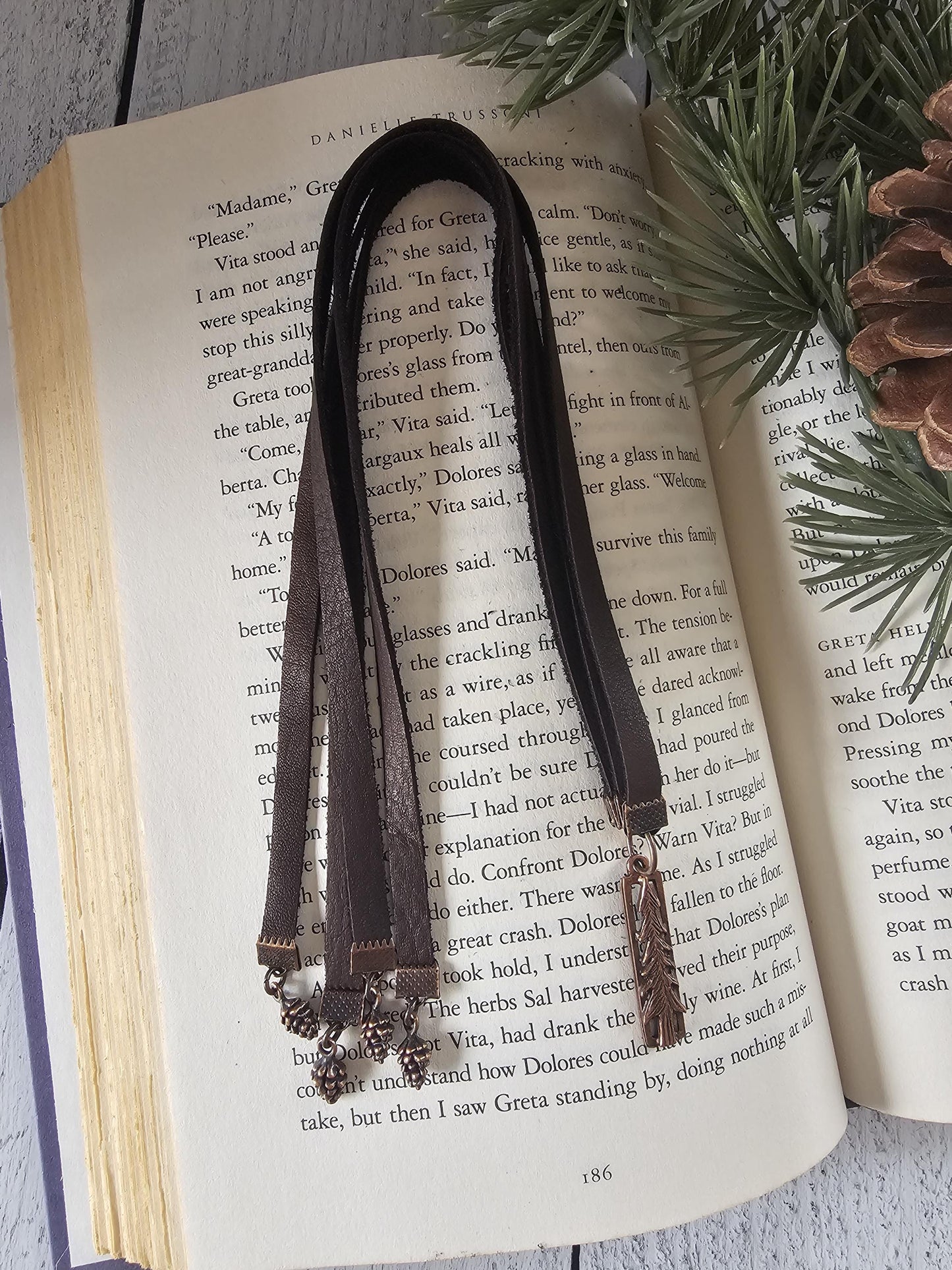 Multi-strand Rustic Bookmark Made With Leather and Copper Plated Pine Tree and Pine Cone Charms, Great Gift for Wilderness Lover