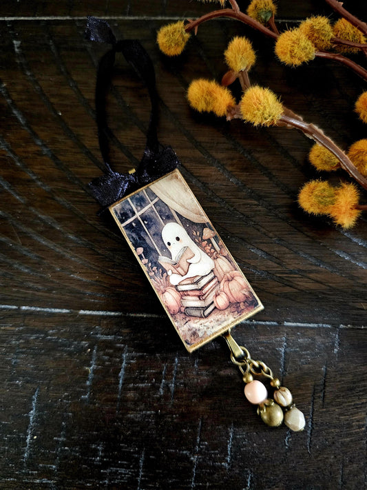 Whimsical Ghost and Books Ornament, Halloween Fall Decor