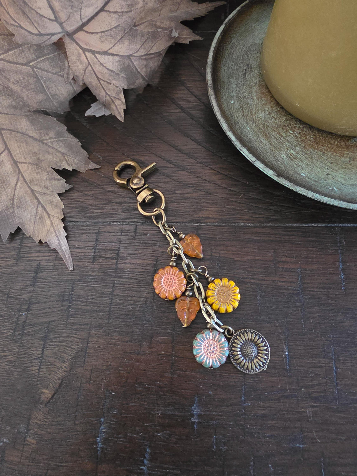 Sunflower Bag Charm With Glass Bead, Choose Your Color Combo
