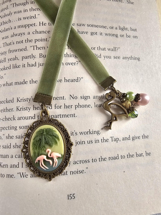 Flamingo Island Bookmark, Whimsical Velvet Bookworm Gift