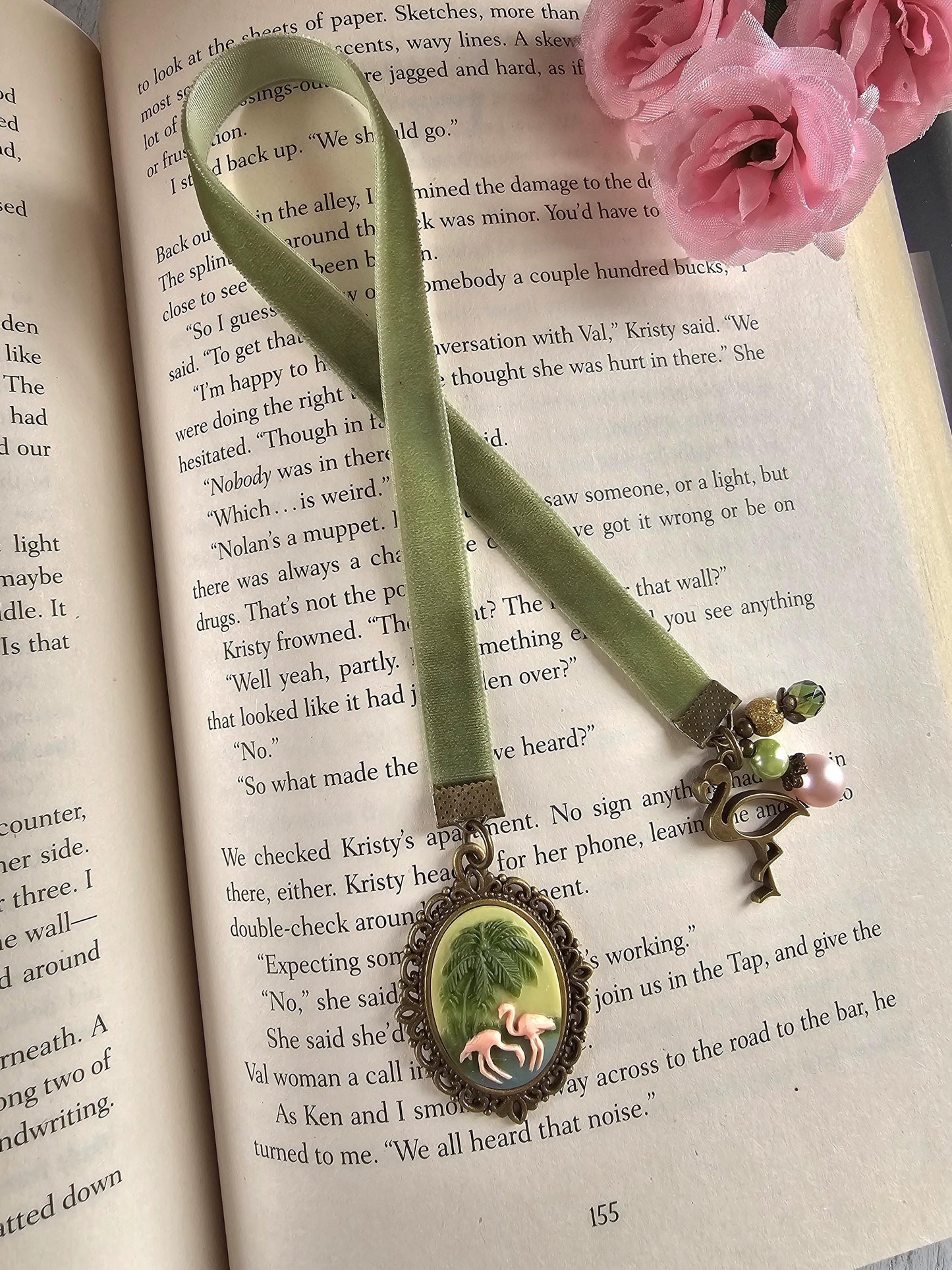 Flamingo Island Bookmark, Whimsical Velvet Bookworm Gift