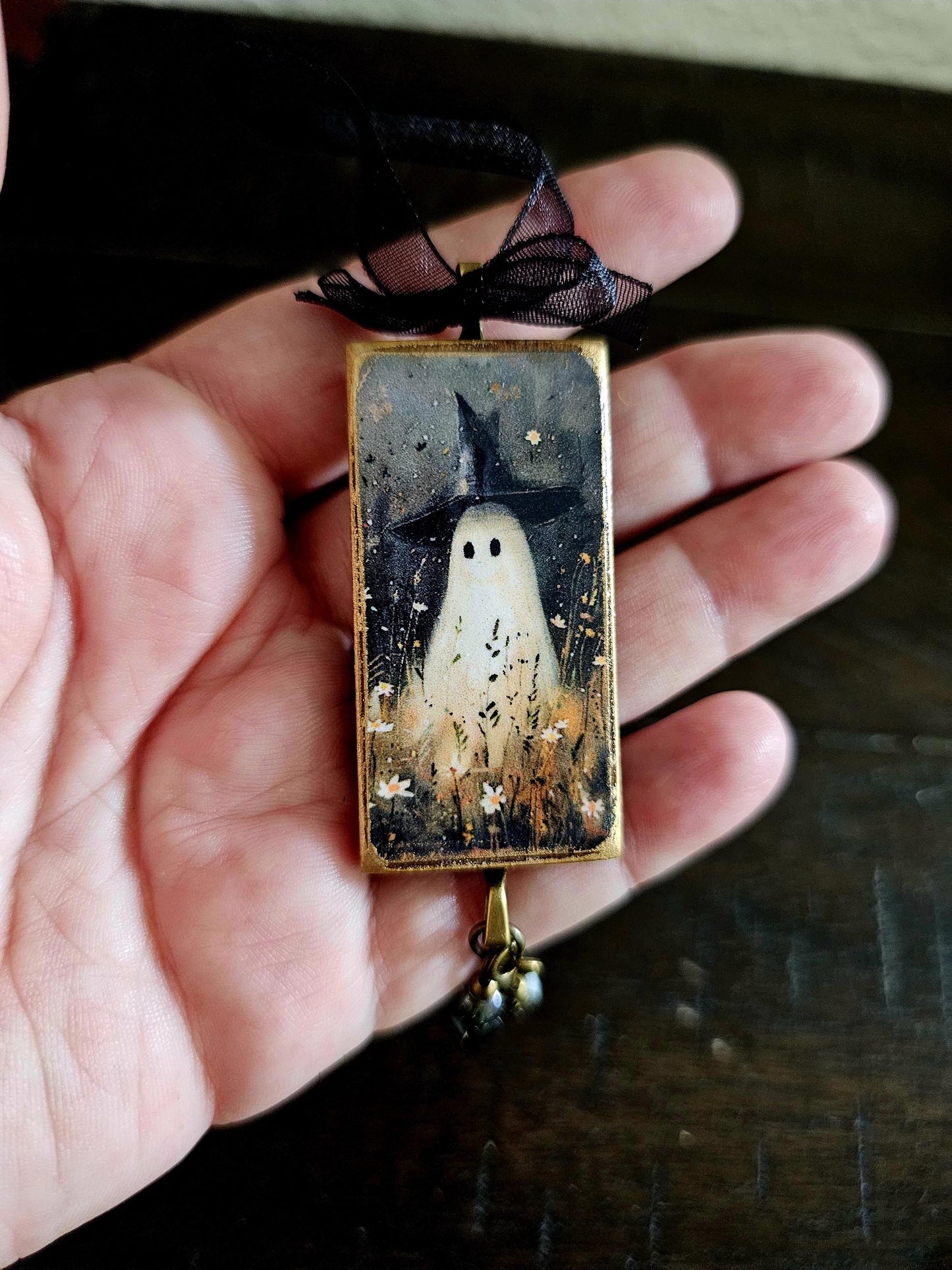 Whimsical Witch Ghost in Wild Flower Field Ornament, Halloween Fall Decor