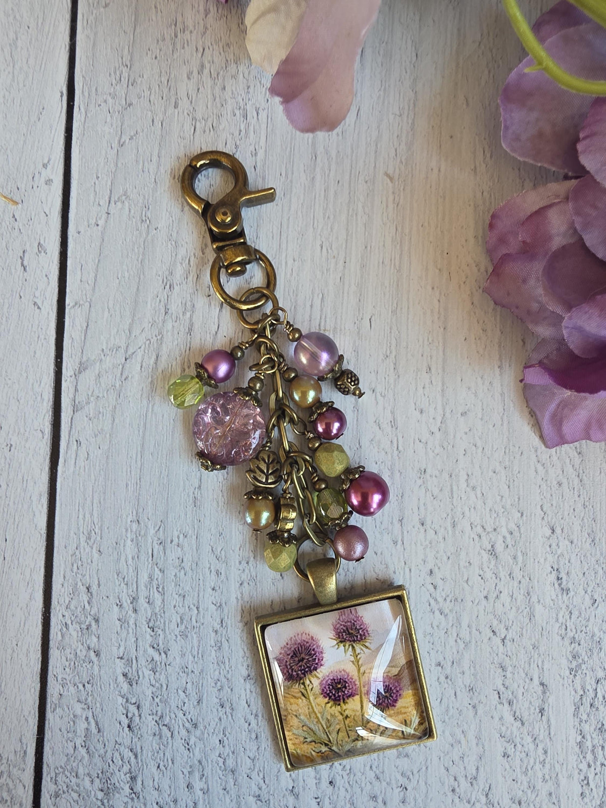 Beaded Bag Charm With Thistle Theme, Purse Flair