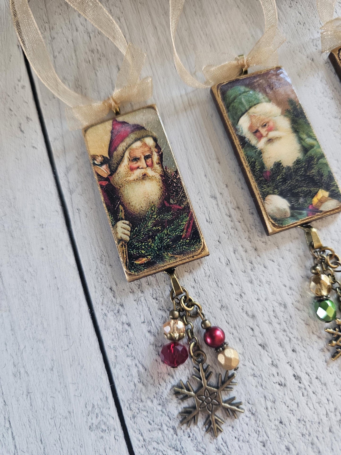 Set of Three Vintage Era Santa Wood Christmas Ornaments, Buy 3 or Singles