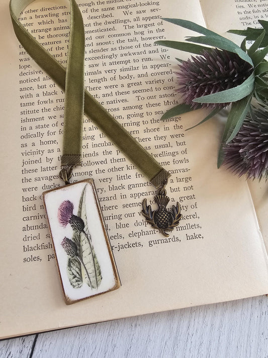 Scottish Thistle Velvet Bookmark: Bronze Vintage Botanical Pendant