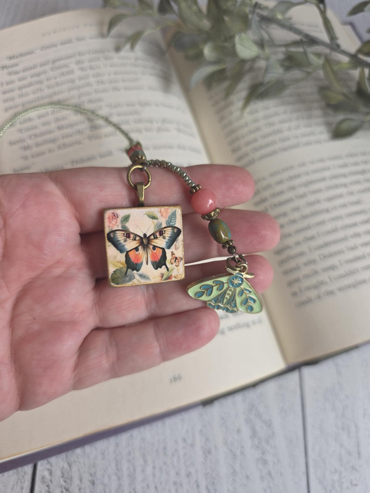 Butterfly or Moth Beaded Bookmark with Moth Charm