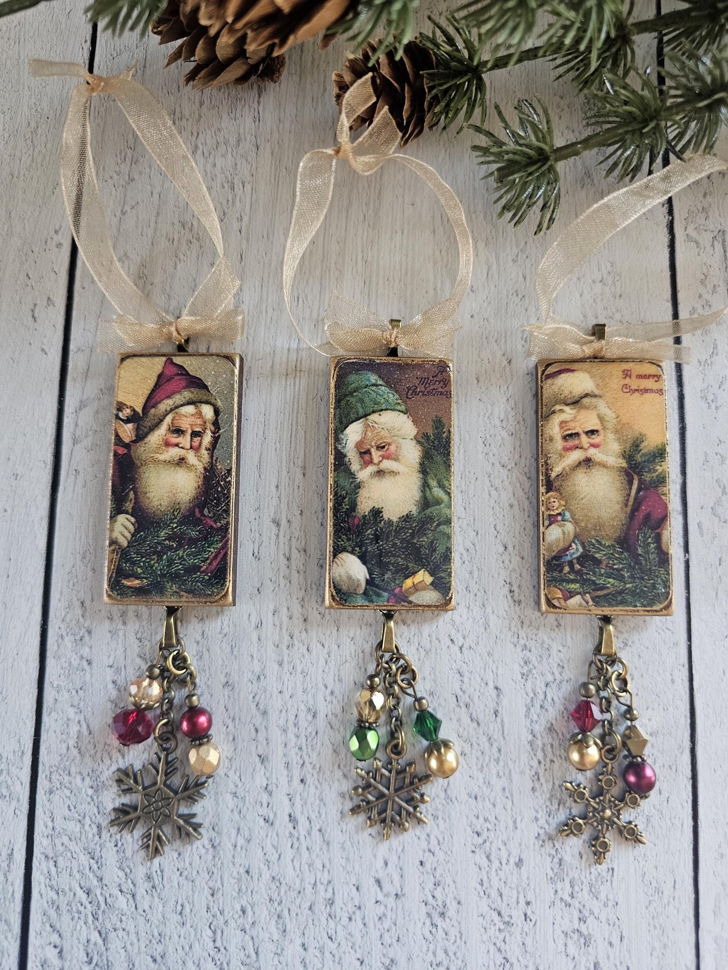 Set of Three Vintage Era Santa Wood Christmas Ornaments, Buy 3 or Singles