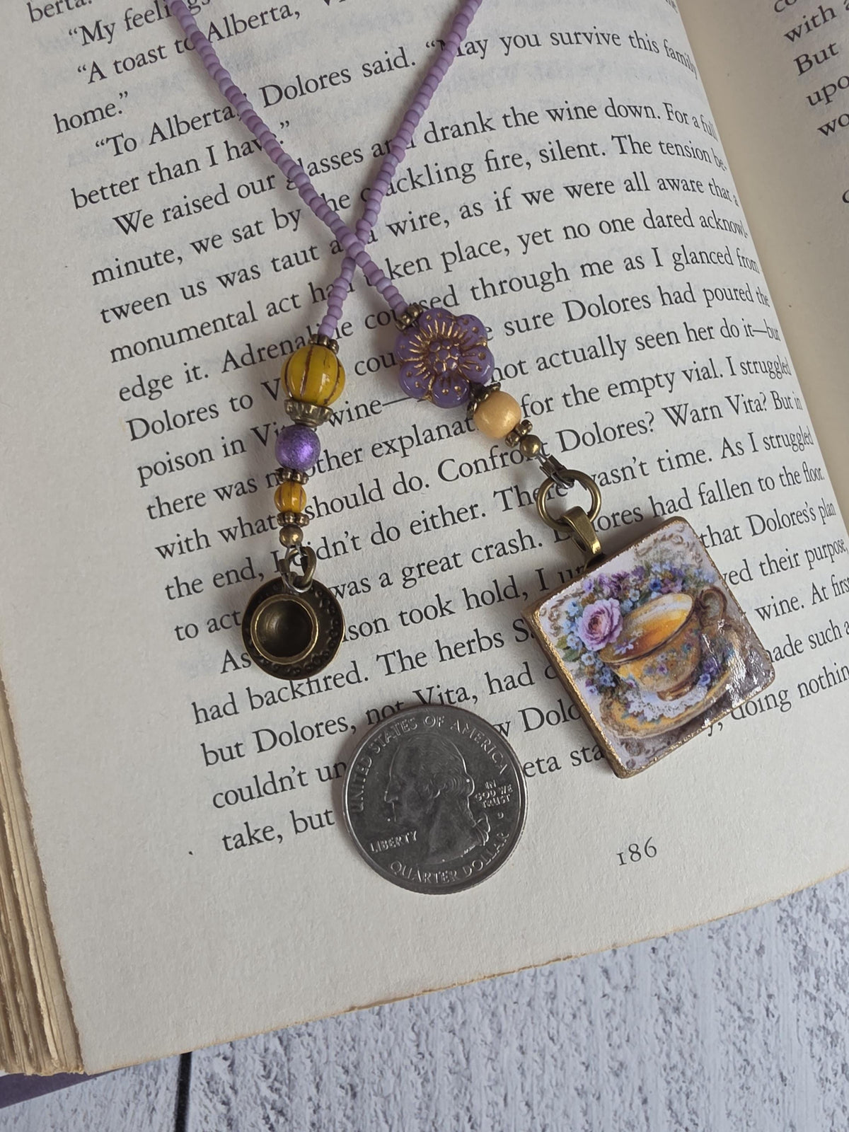 Tea or Coffee Themed Beaded Bookmark With Handmade Tea Cup Picture Pendant