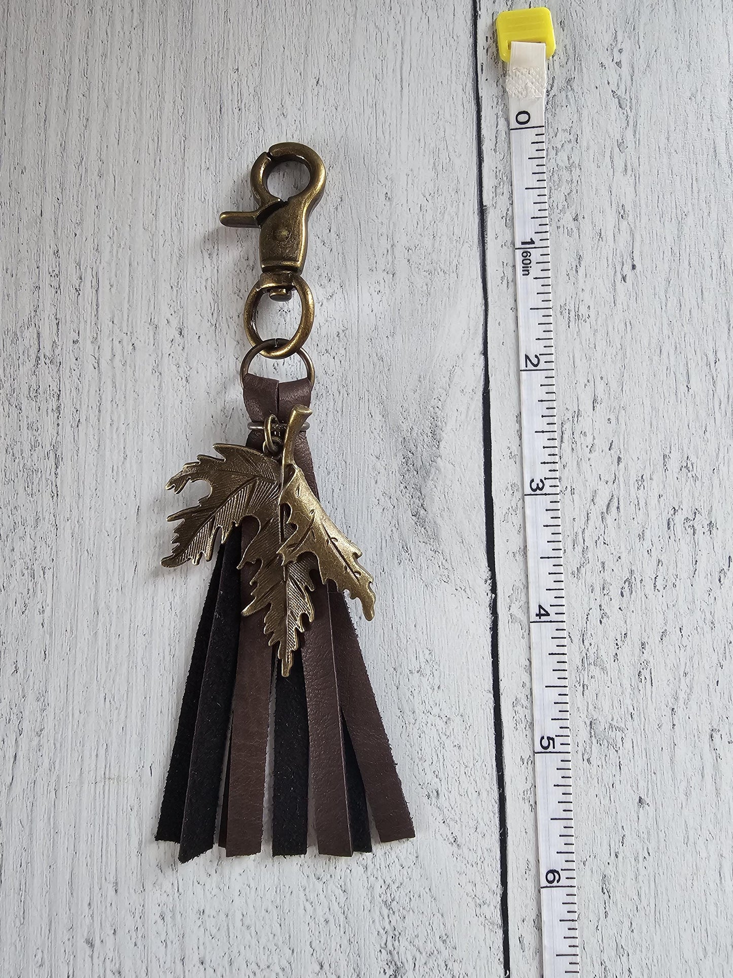 Boho Leather Bag Tassel With Bronze Plated Leaf Charm