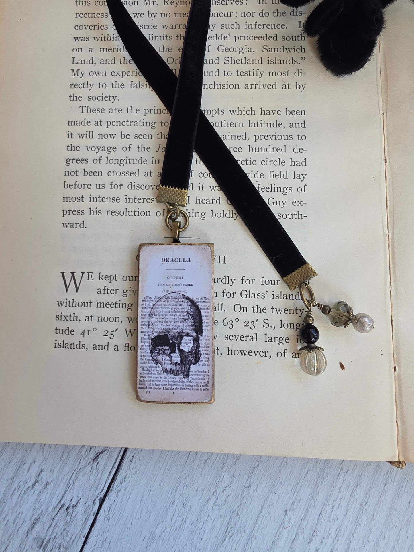 A pair of black velvet-strapped bookmarks with a skull design, resting on top of an open book with text visible.