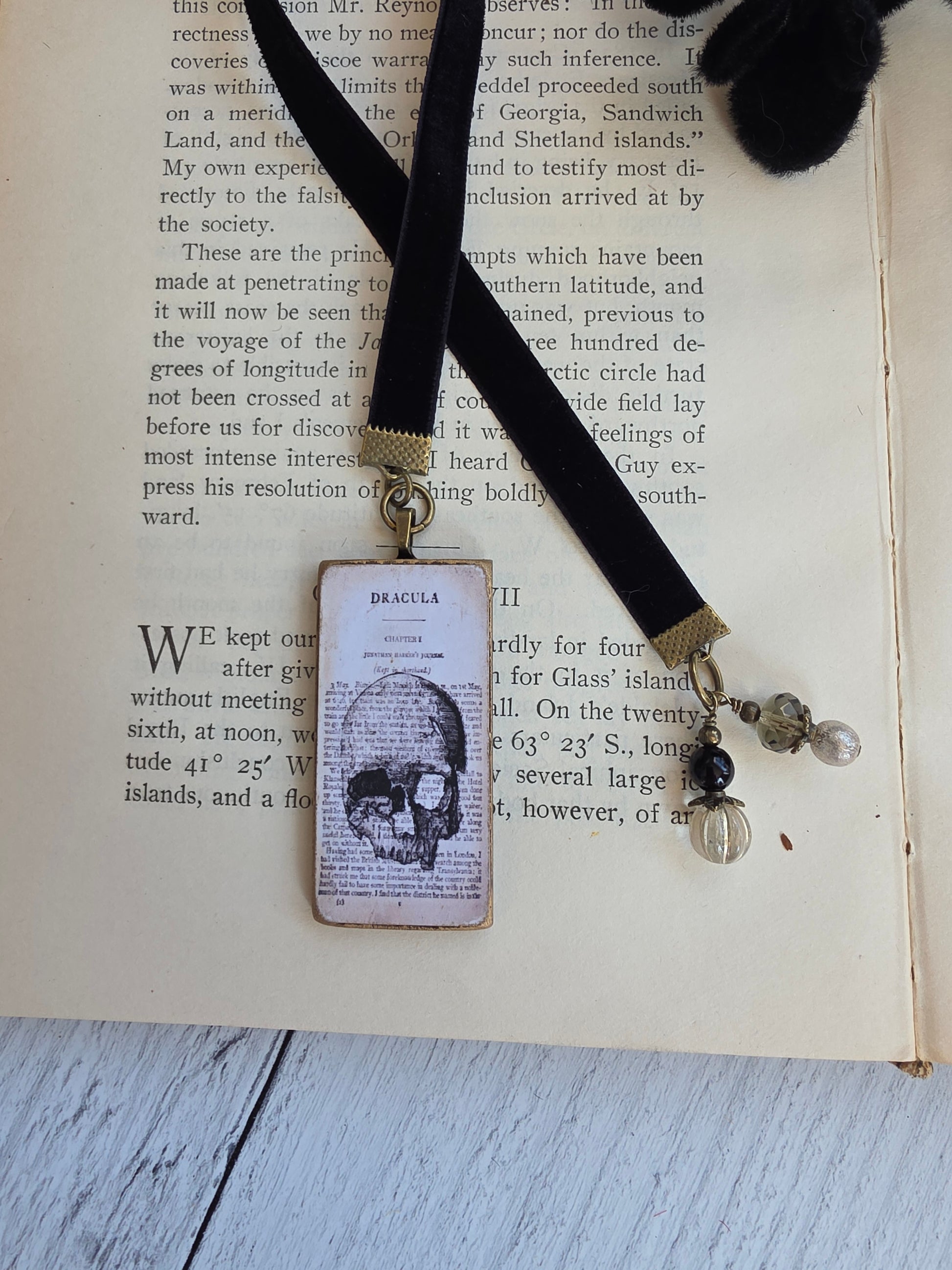 A pair of black velvet-strapped bookmarks with a skull design, resting on top of an open book with text visible.