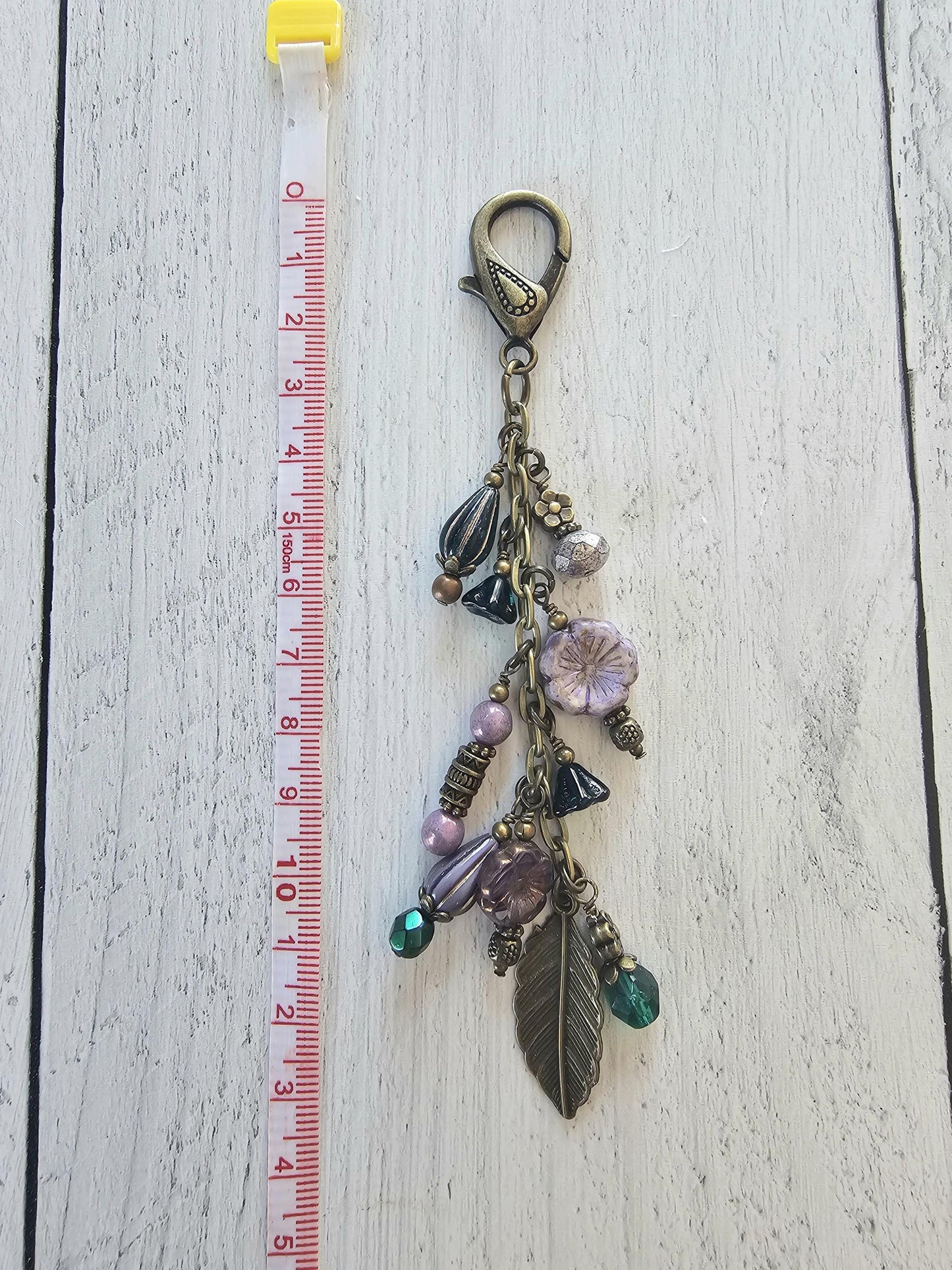 Boho Style Beaded Bag Charm Zipper Pull With Nature Theme, Flowers, Leaves