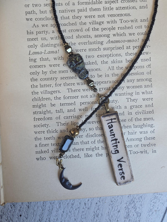 Haunting Bookmark with Handmade Pendant, Gothic Reader Gift with Owl Bead and Moon Charm
