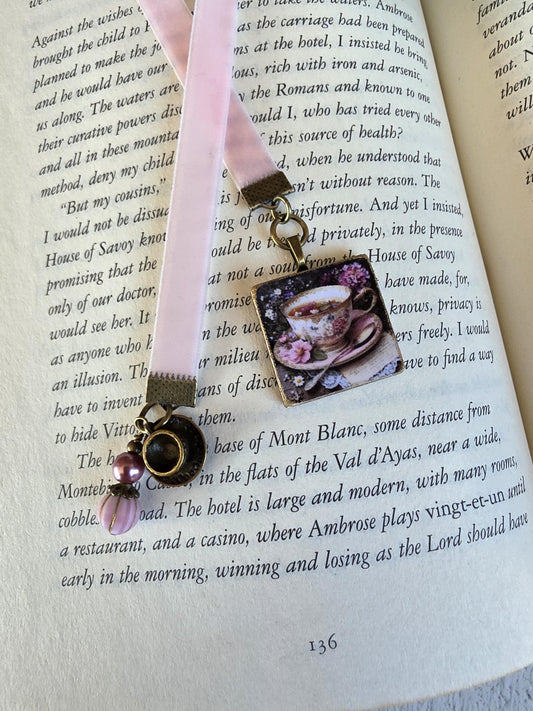 Tea or Coffee Themed Velvet Ribbon Bookmark With Handmade Tea Cup Picture Pendant