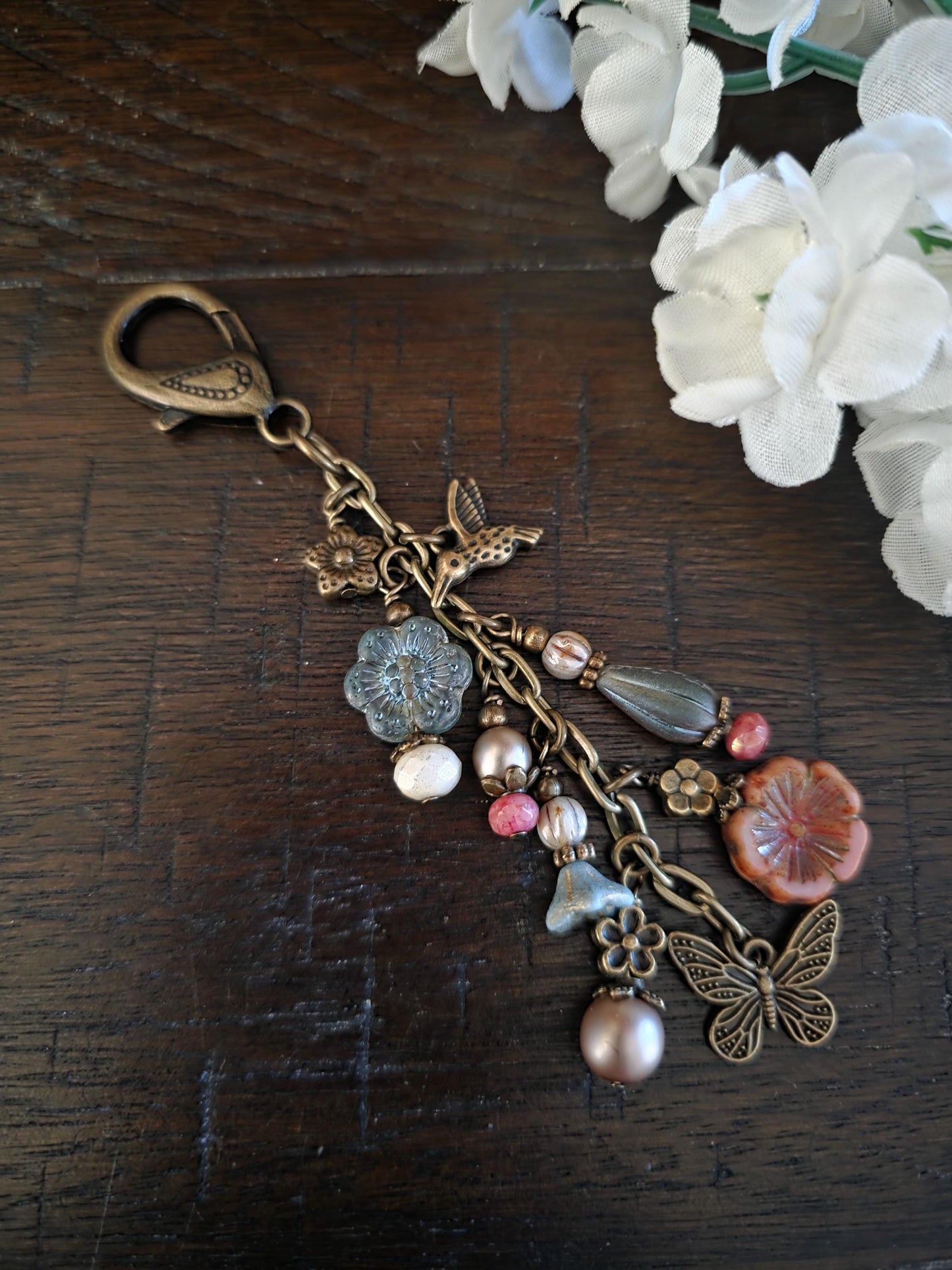Boho Style Beaded Bag Charm Zipper Pull With Hummingbird and Butterfly Charms