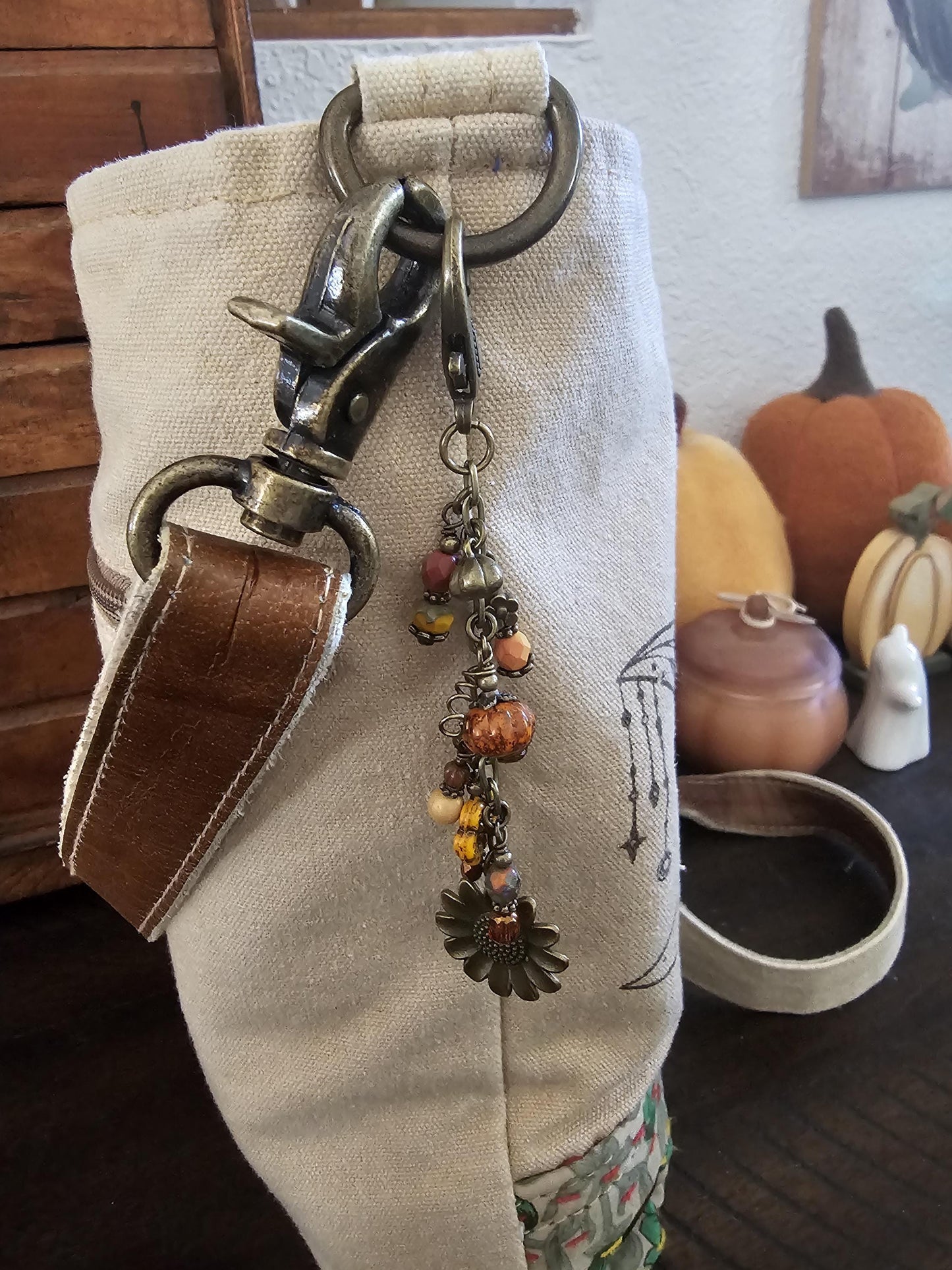 Boho Style Pumpkin Beaded Bag Charm Zipper Pull With Bronze Plated Sunflower Charm, Perfect for Fall!