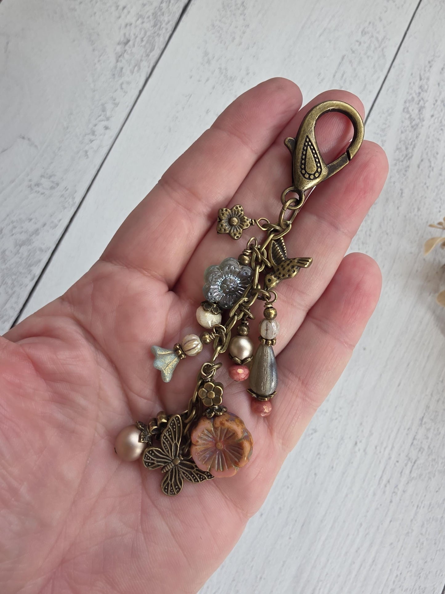 Boho Style Beaded Bag Charm Zipper Pull With Hummingbird and Butterfly Charms
