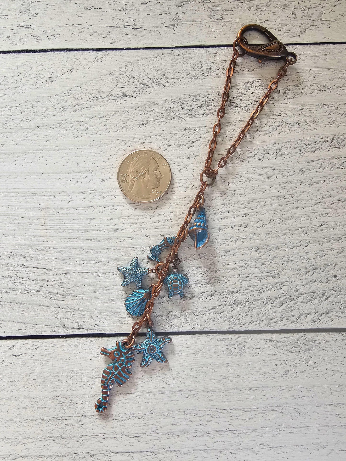 Beach Ocean Themed Car Charm for Rear View Mirror, Copper and Patina