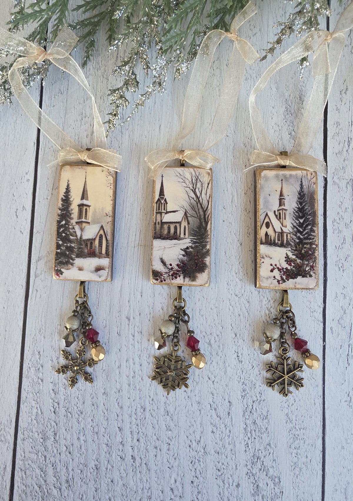 Handmade Church Winter Scenes Christmas Ornaments